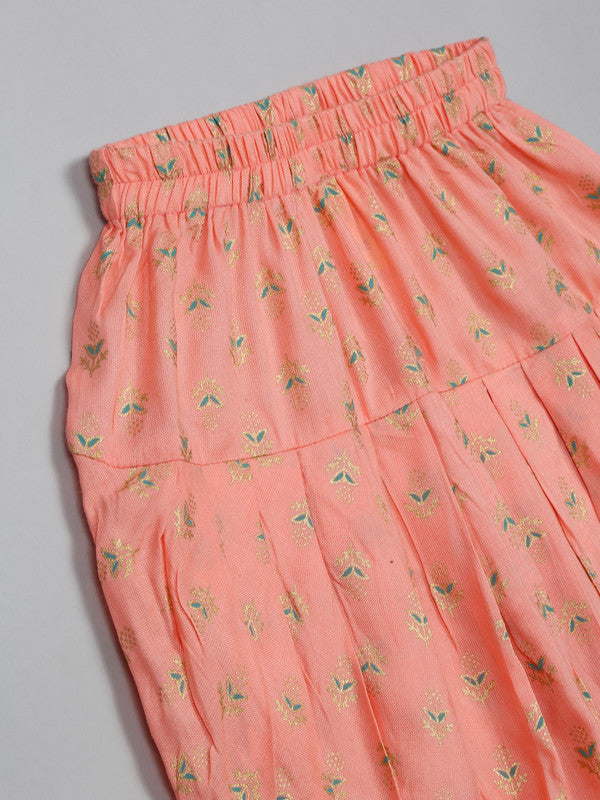 saka-designs-girls-foil-printed-yellow-jhabla-with-peach-dhoti-ensemble