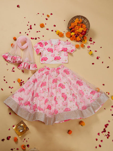 Saka Designs Lotus Print With Secquince Lehenga Choli With Dupatta For Girls - Pink