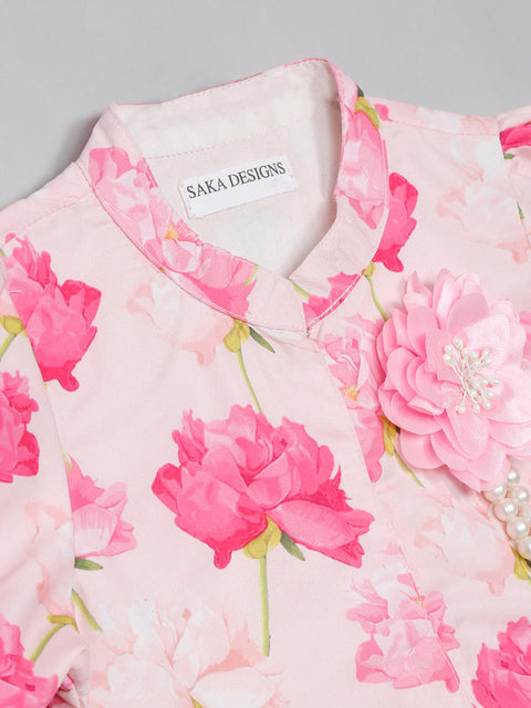 Saka Designs Lotus Print With Secquince Lehenga Choli With Dupatta For Girls - Pink