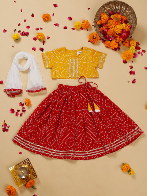 Saka Designs Girl's Cotton Printed Round Neck Lehenga Choli with Dupatta - Mustard & Red