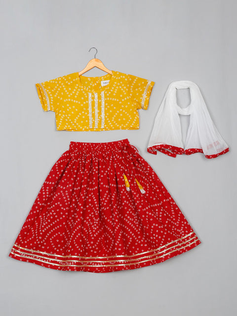 Saka Designs Girl's Cotton Printed Round Neck Lehenga Choli with Dupatta - Mustard & Red