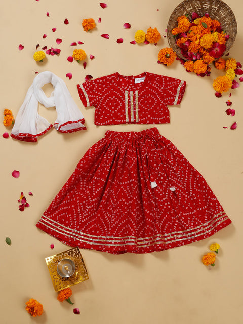 Saka Designs Girl's Cotton Printed Round Neck Lehenga Choli with Dupatta - Red