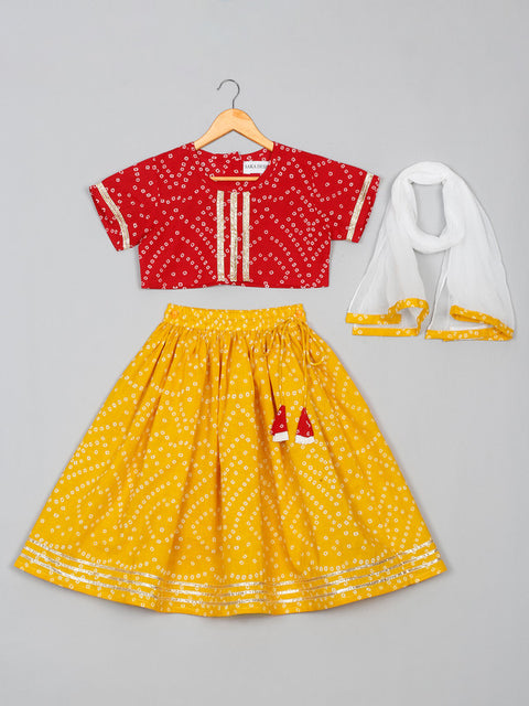 Saka Designs Girl's Cotton Printed Round Neck Lehenga Choli with Dupatta - Red & Mustard
