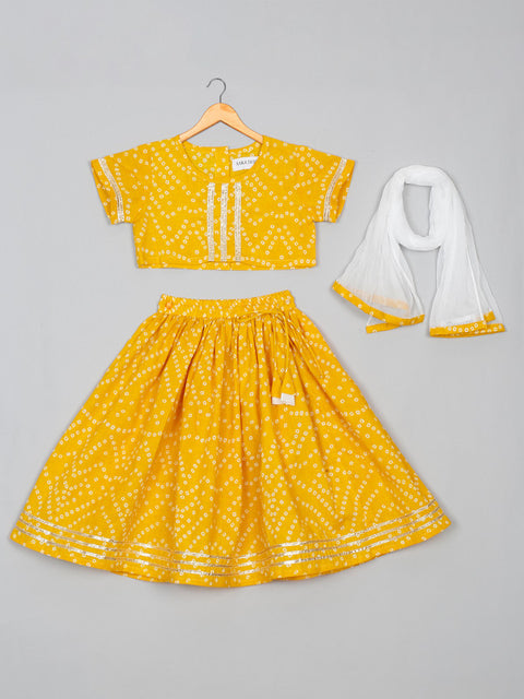 Saka Designs Girl's Cotton Printed Round Neck Lehenga Choli with Dupatta - Yellow