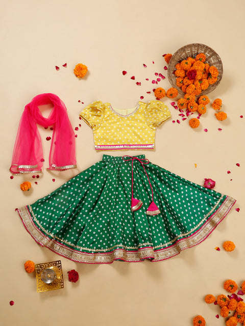 Saka Designs Floral Printed Lehenga Choli With Dupatta For Girl's - Yellow & Green