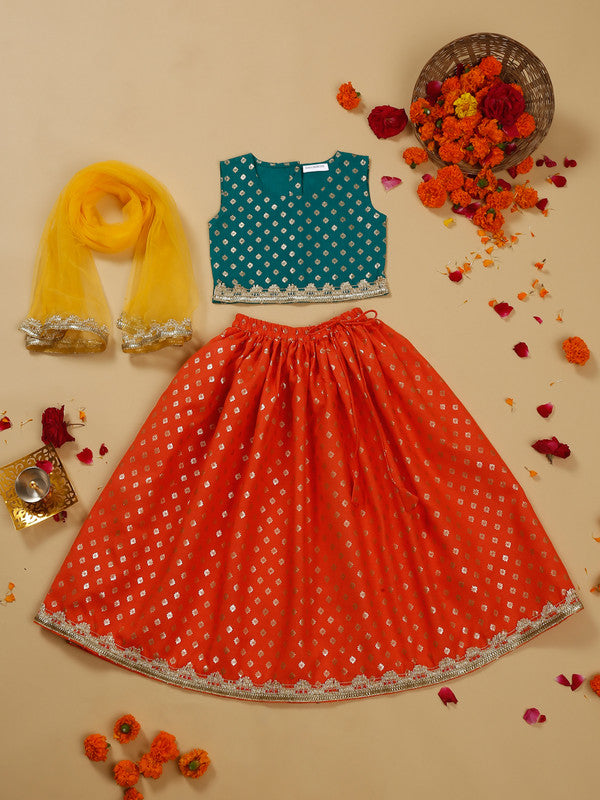 saka-designs-foil-printed-lehenga-choli-with-dupatta-for-girls-orange-green