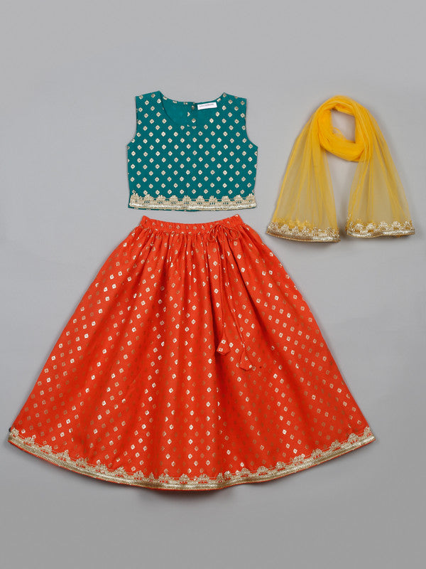 saka-designs-foil-printed-lehenga-choli-with-dupatta-for-girls-orange-green
