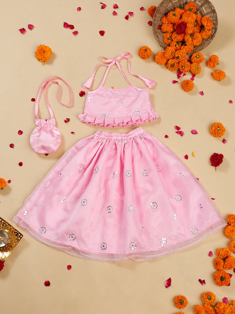 Saka Designs Emberoidered Lehenga Choli With Potli Bag For Girls - Pink