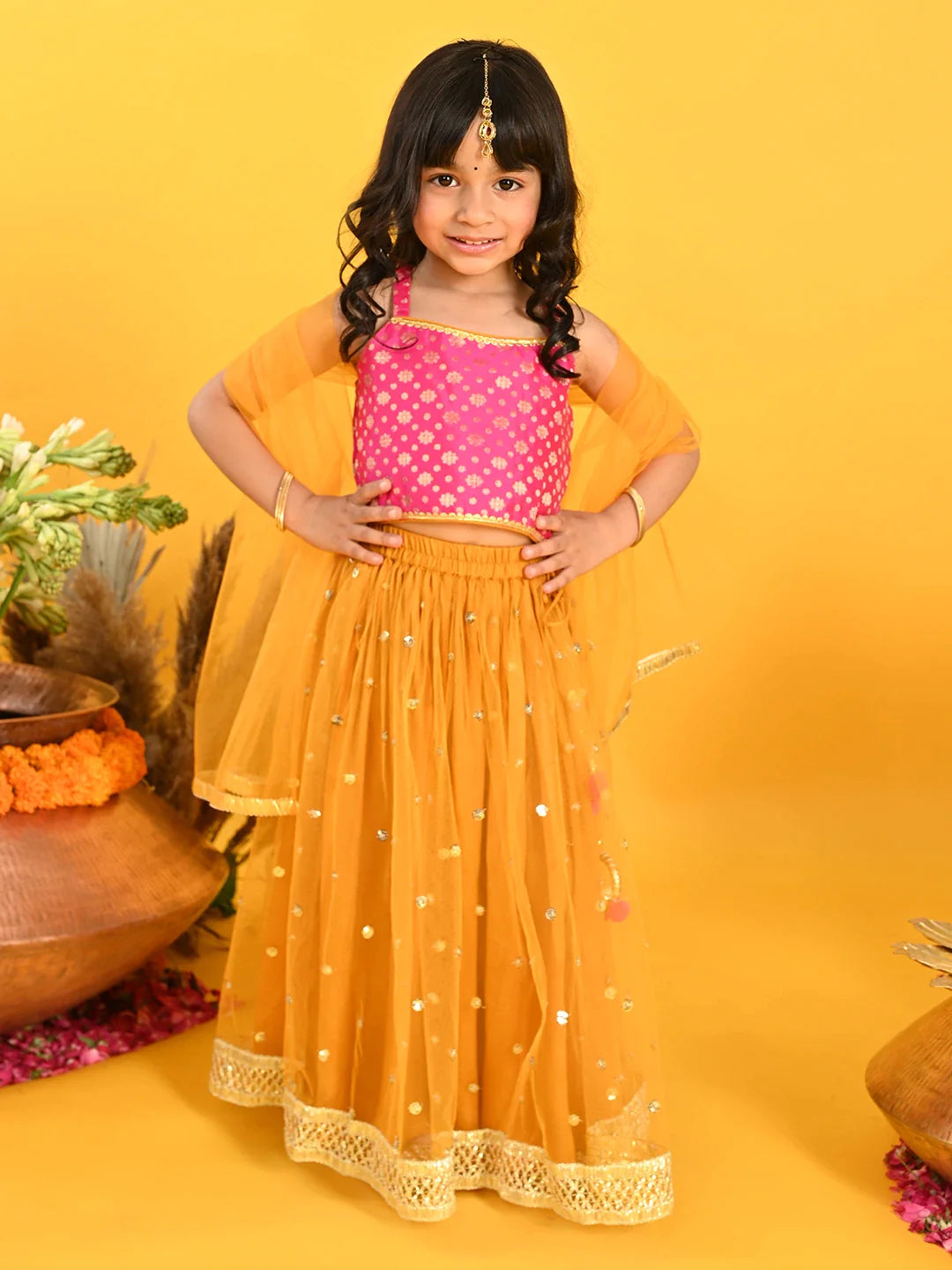 saka-designs-girls-jacquard-lehenga-choli-with-dupatta-magenta-orange