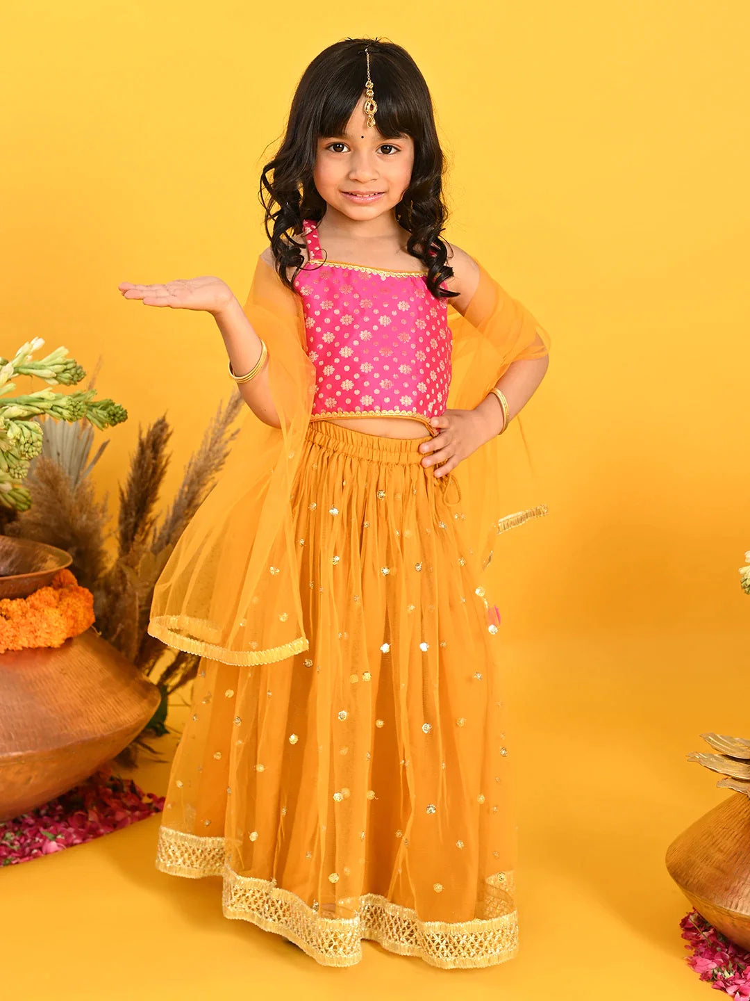 saka-designs-girls-jacquard-lehenga-choli-with-dupatta-magenta-orange