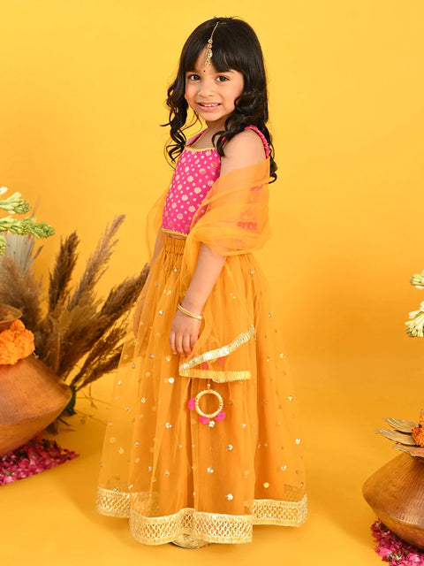 Saka Designs Girls Jacquard Lehenga Choli With Dupatta - Magenta & Orange