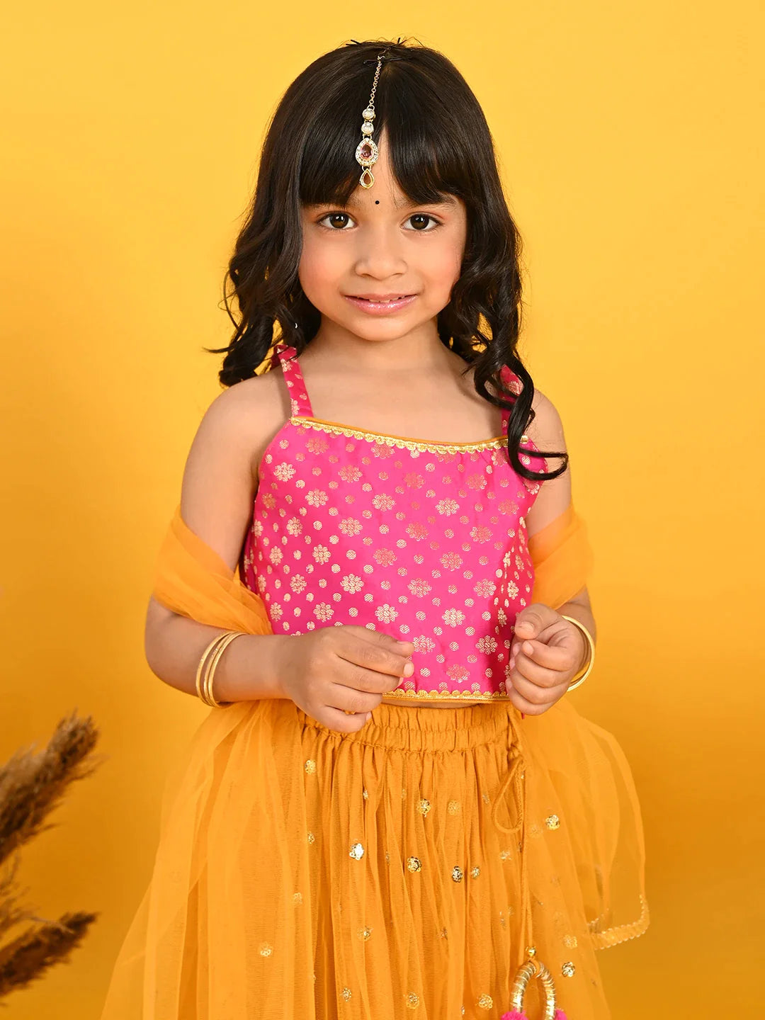 saka-designs-girls-jacquard-lehenga-choli-with-dupatta-magenta-orange