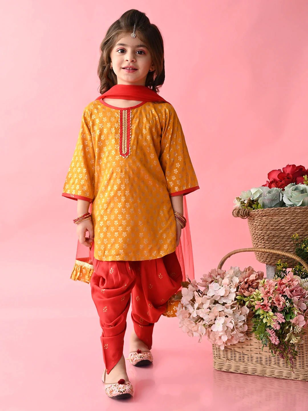 saka-designs-girls-mustard-red-printed-kurta-dhoti-with-dupatta