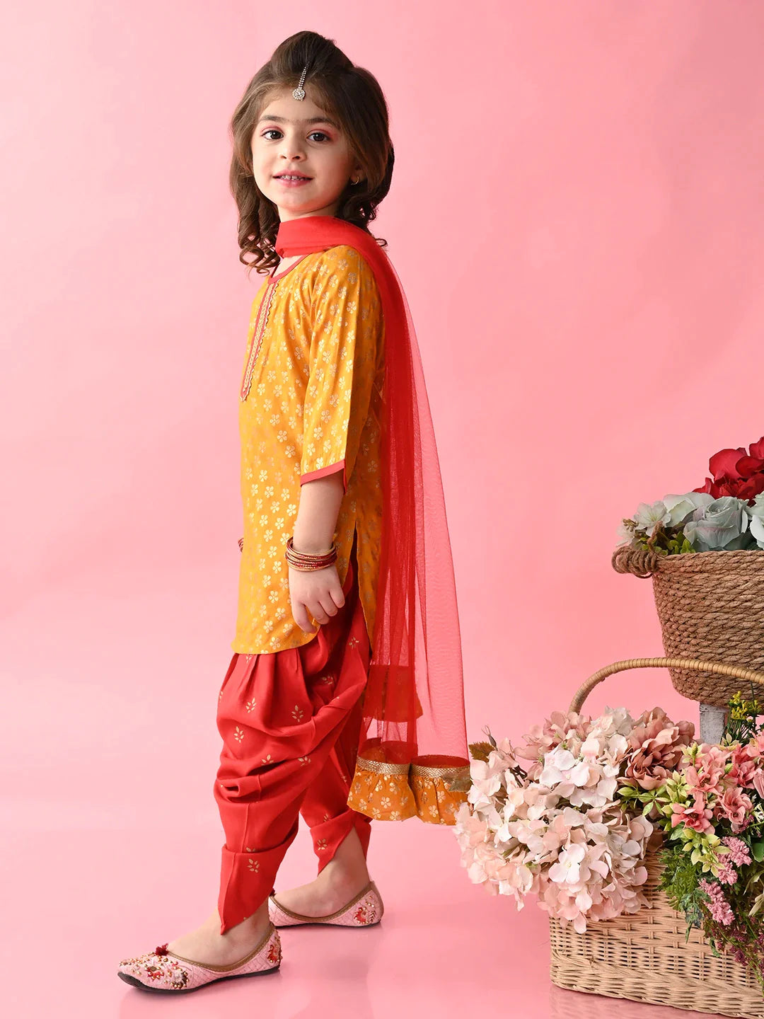 saka-designs-girls-mustard-red-printed-kurta-dhoti-with-dupatta
