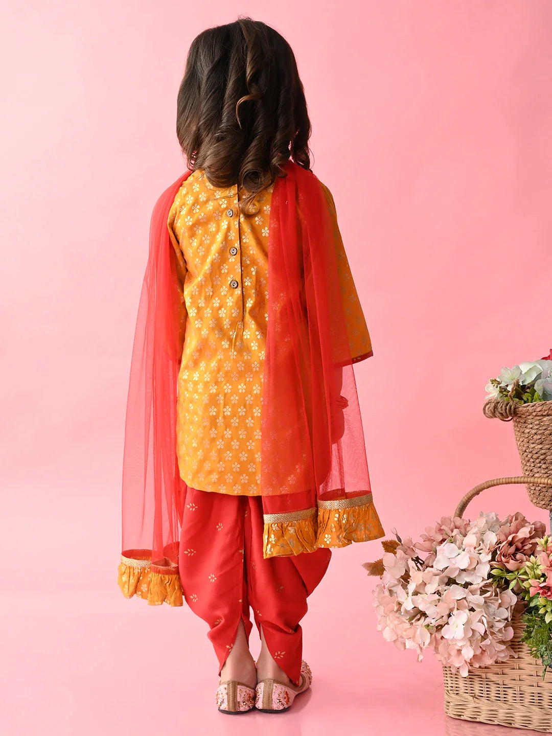 saka-designs-girls-mustard-red-printed-kurta-dhoti-with-dupatta