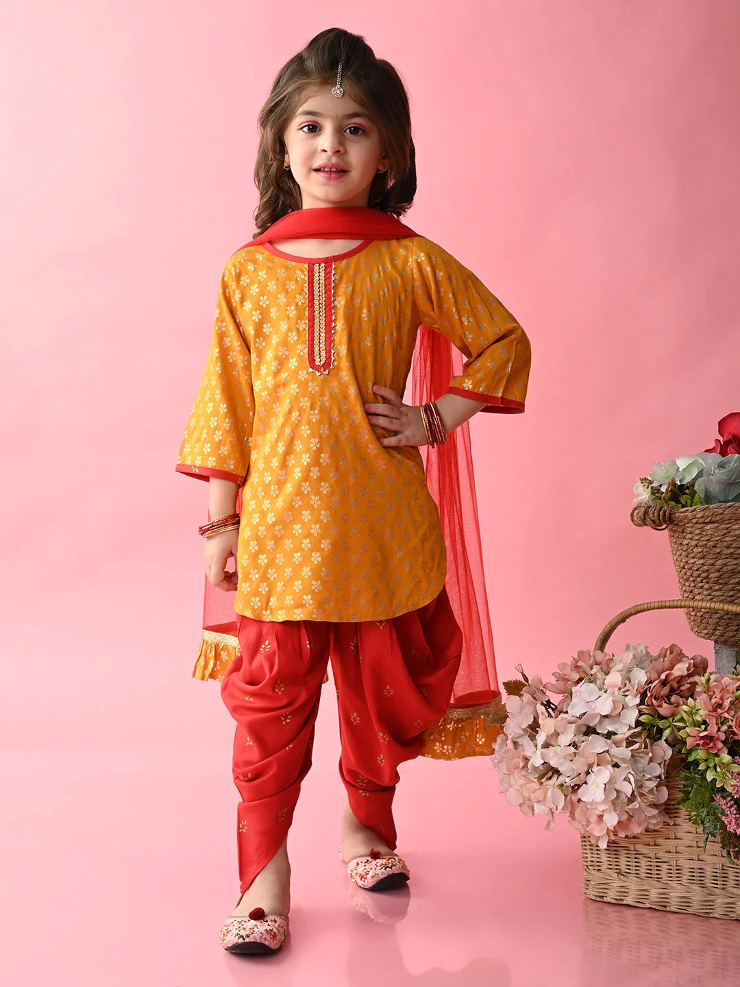 saka-designs-girls-mustard-red-printed-kurta-dhoti-with-dupatta