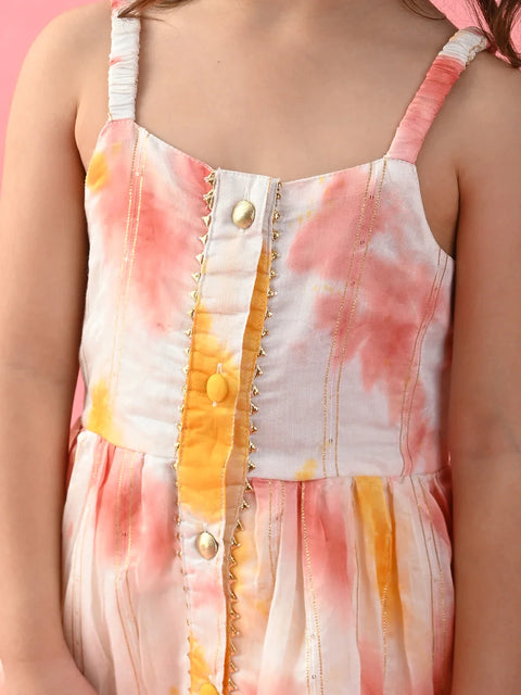 Saka Designs Girl's Tie & Dye Mustard & White Jhabla and Dhoti