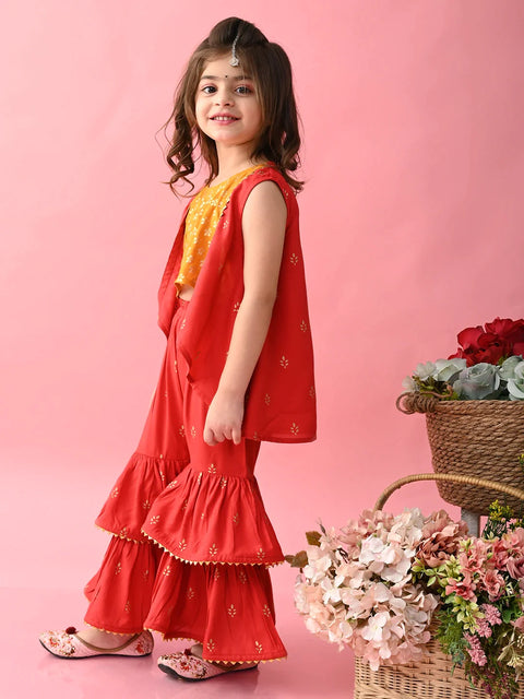 Saka Designs Floral Printed Kurta Sharara With Jacket - Yellow & Red