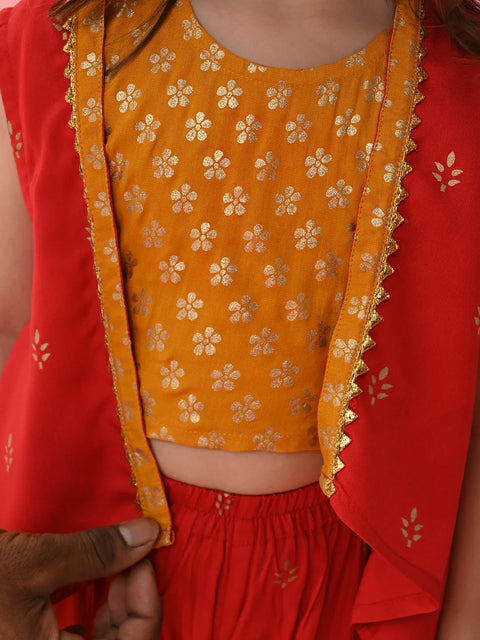 Saka Designs Floral Printed Kurta Sharara With Jacket - Yellow & Red