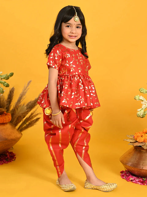 Saka Designs Girls Red & Gold Jhabla & Dhoti