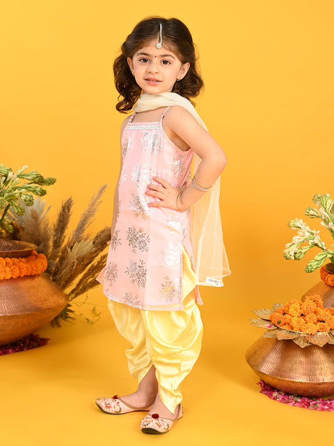 Saka Designs Girls Mauve & Yellow Printed Kurta Dhoti With Dupatta