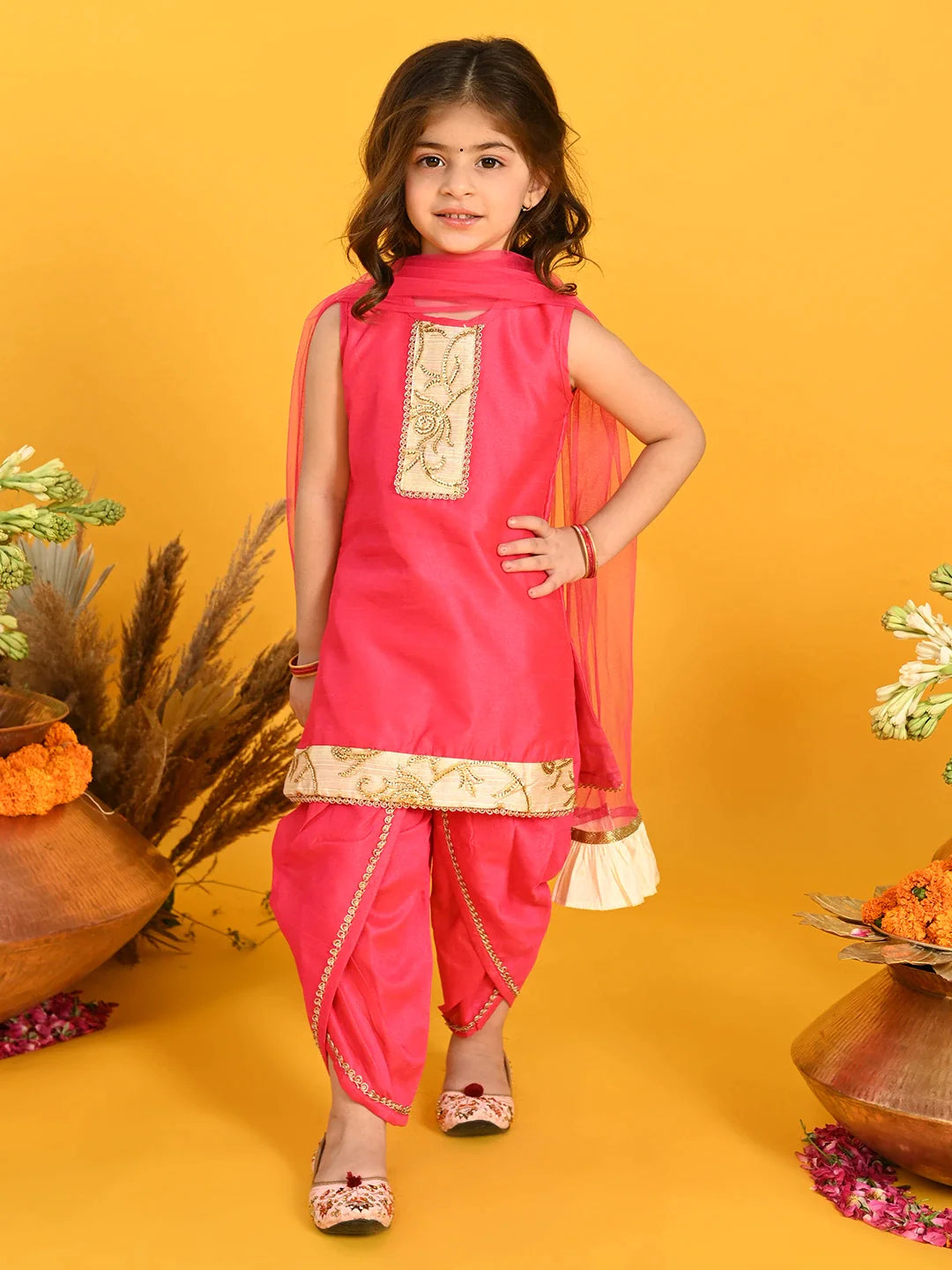 saka-designs-girls-pink-kurta-with-emberoidery-on-yoke-with-dhoti-dupatta