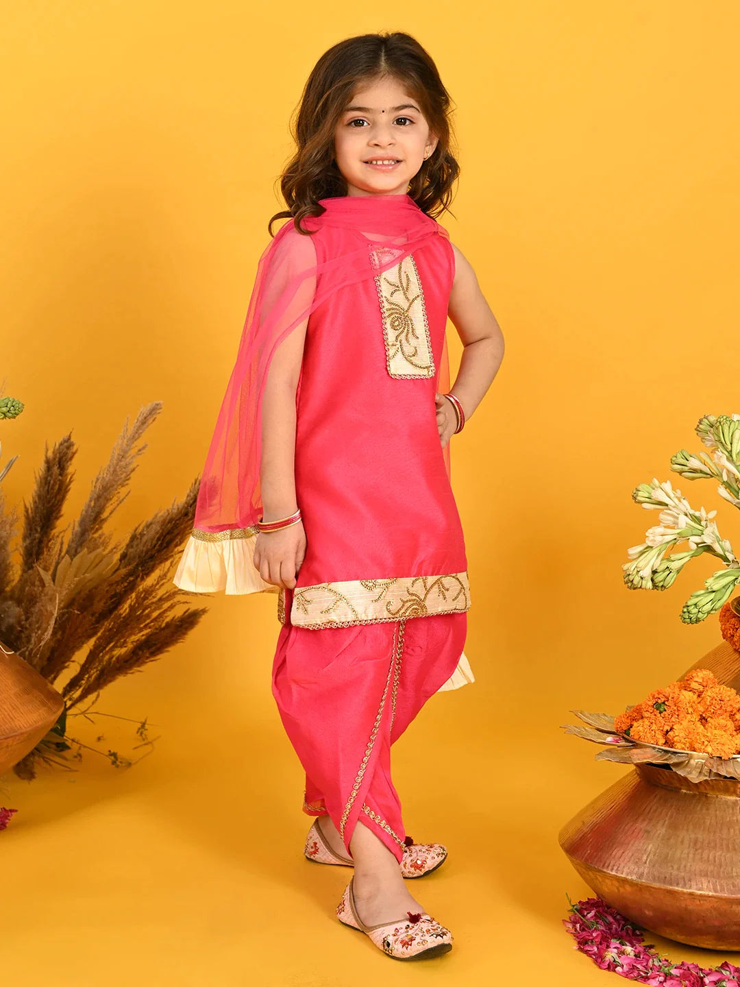 saka-designs-girls-pink-kurta-with-emberoidery-on-yoke-with-dhoti-dupatta