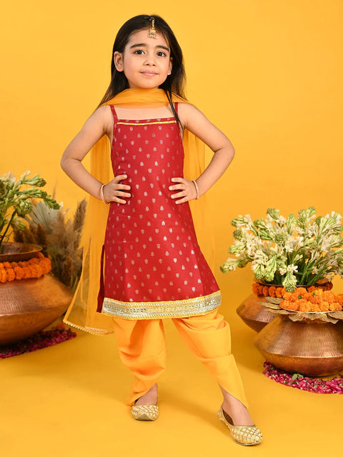 Saka Designs Girls Maroon & Mustard Printed Kurta with Dhoti & Dupatta