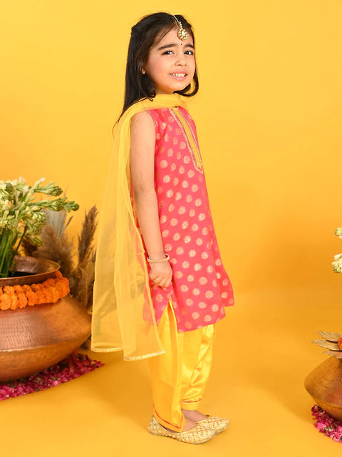 Saka Designs Girls Red & Yellow Woven Kurta Salwar With Dupatta