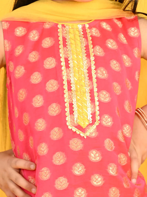 Saka Designs Girls Red & Yellow Woven Kurta Salwar With Dupatta