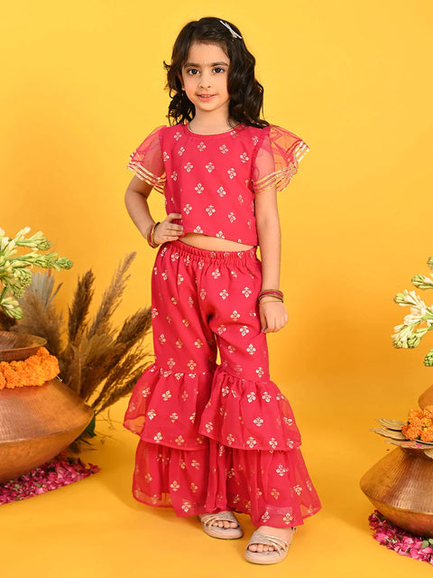 Saka Designs Girls Maroon Printed Top with Sharara