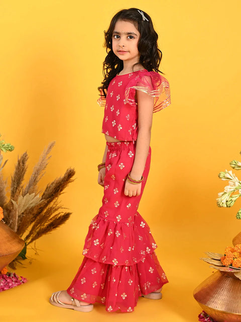 Saka Designs Girls Maroon Printed Top with Sharara