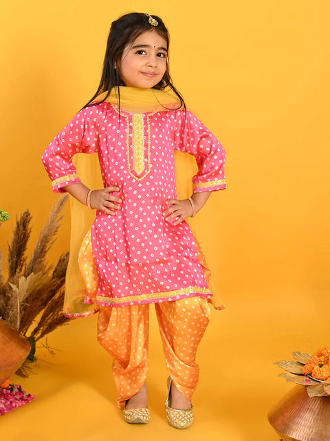 Saka Designs Girls Pink & Mustard Bandhani Kurta Dhoti With Dupatta