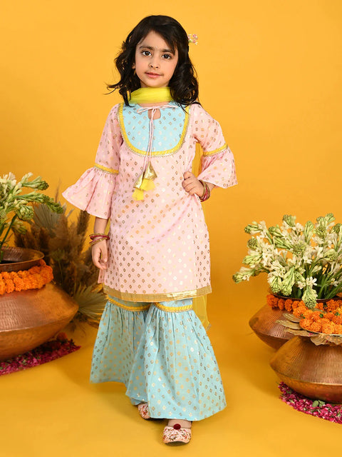 Saka Designs Girls Pink & Blue Printed Kurta Sharara With Dupatta