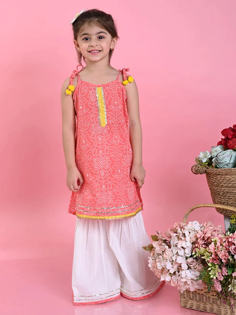 Saka Designs Girls Orange Bandhani With White Sharara