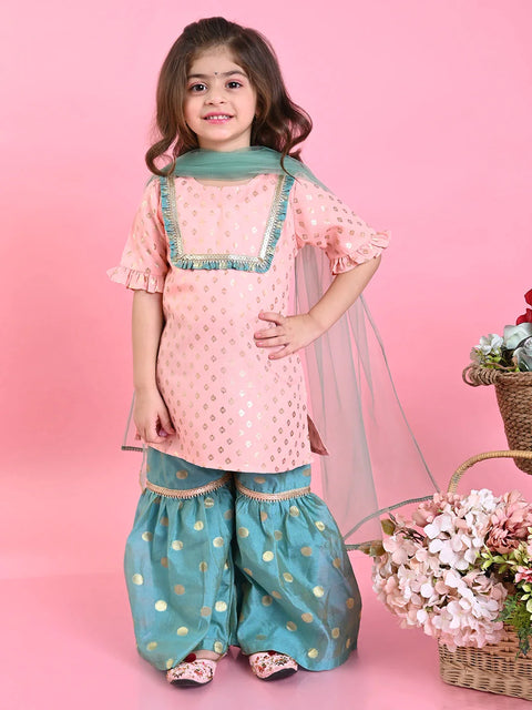 Saka Designs Girls Peach & Green Kurta & Sharara With Dupatta