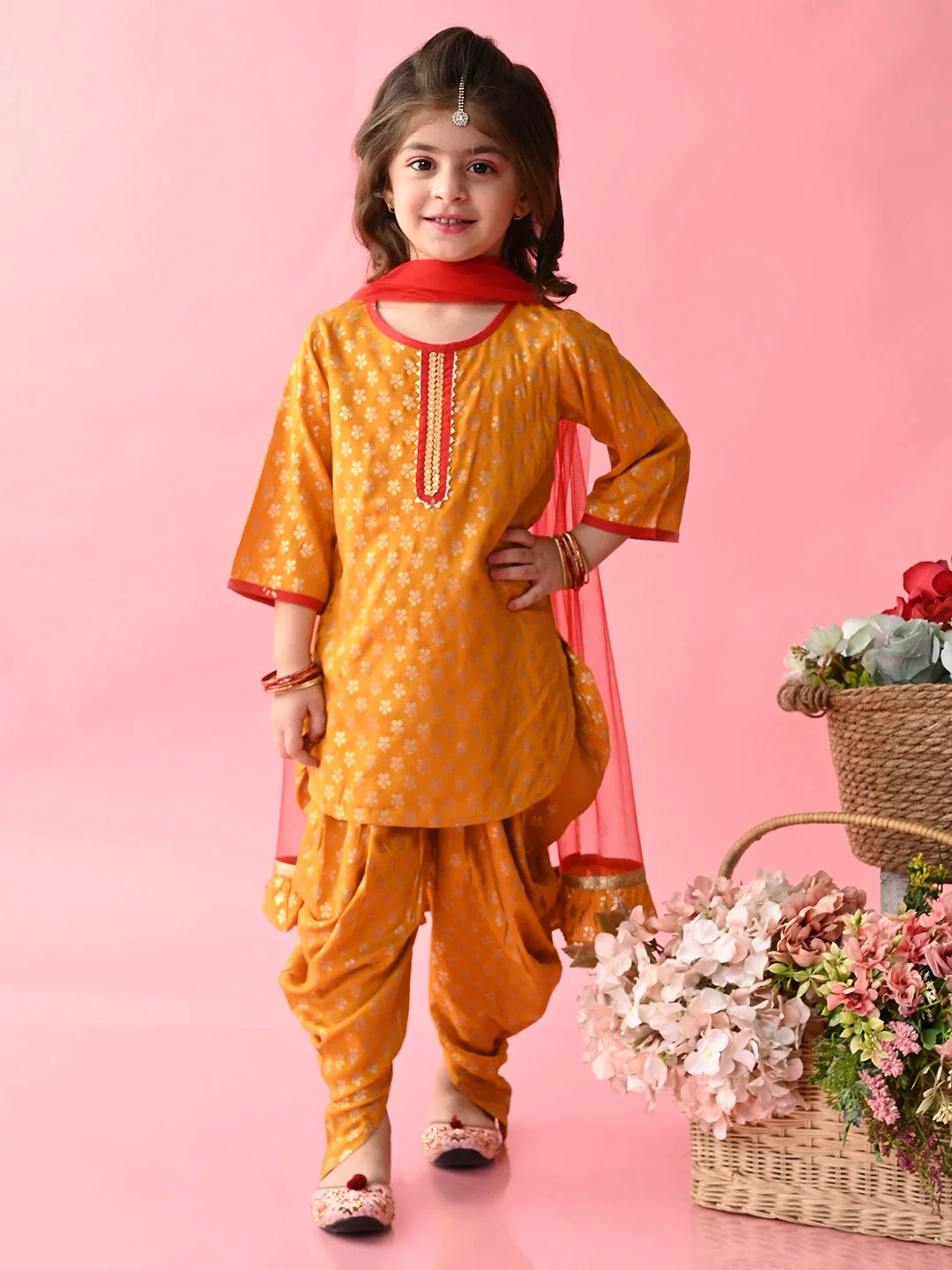 saka-designs-girls-mustard-printed-kurta-dhoti-with-dupatta