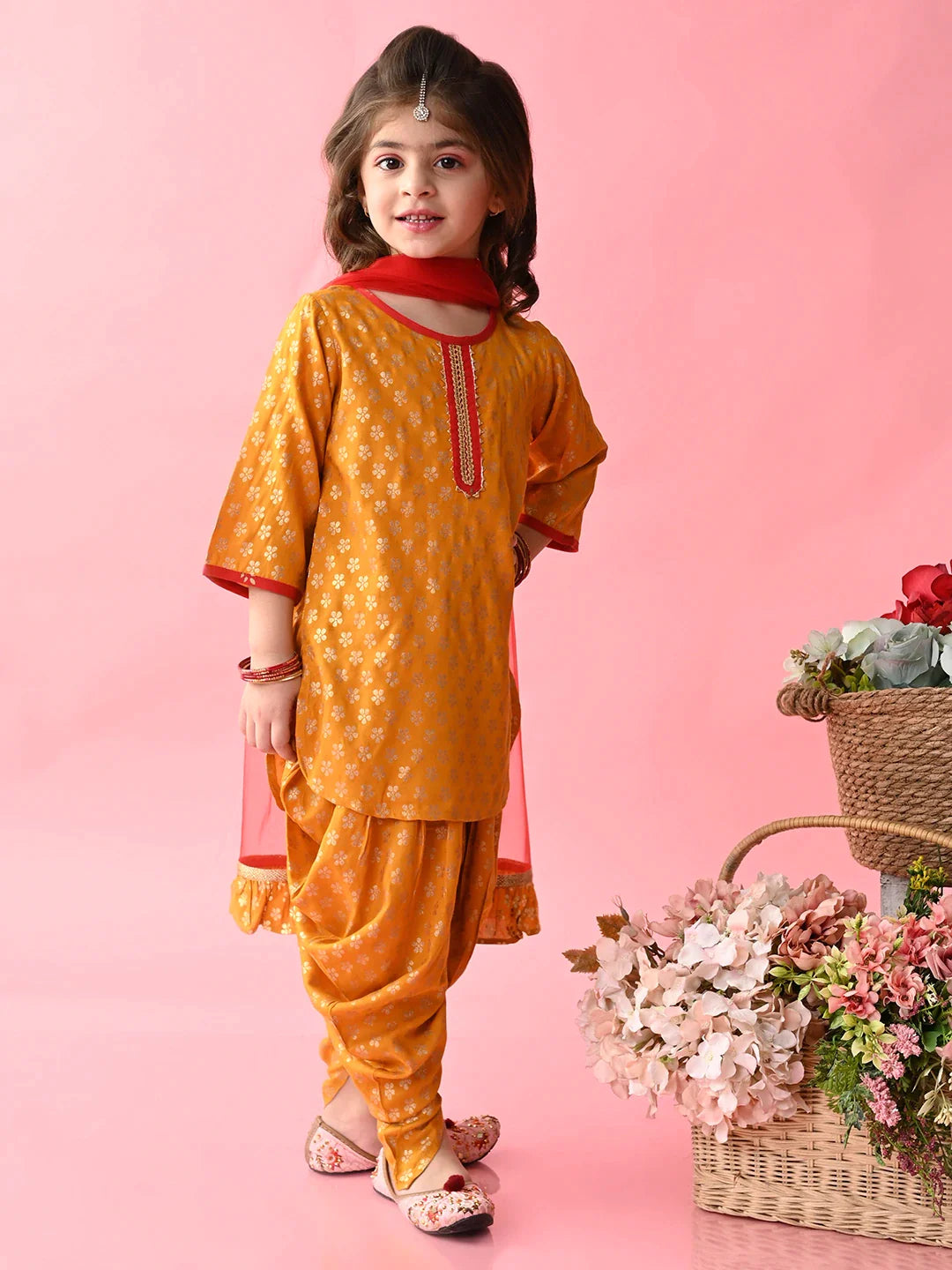 saka-designs-girls-mustard-printed-kurta-dhoti-with-dupatta