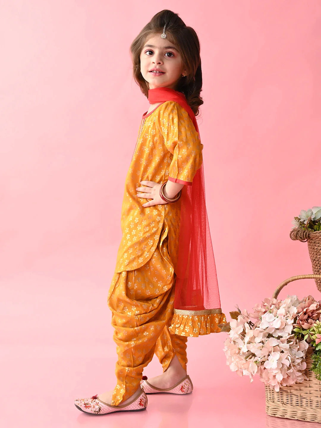 saka-designs-girls-mustard-printed-kurta-dhoti-with-dupatta