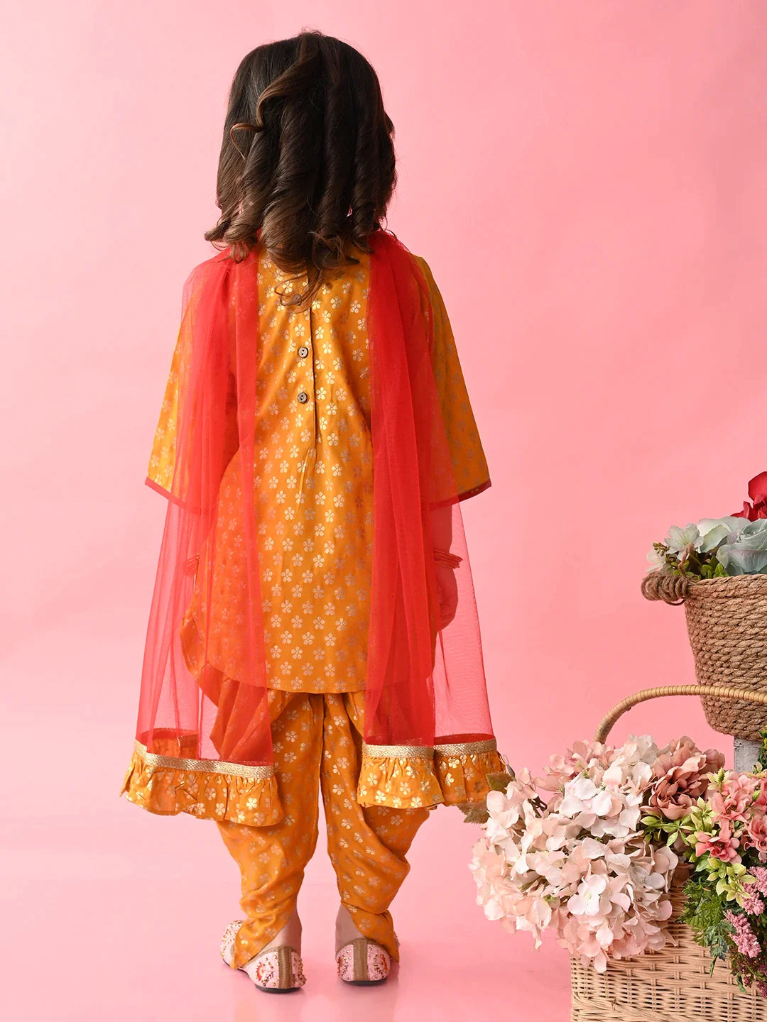 saka-designs-girls-mustard-printed-kurta-dhoti-with-dupatta