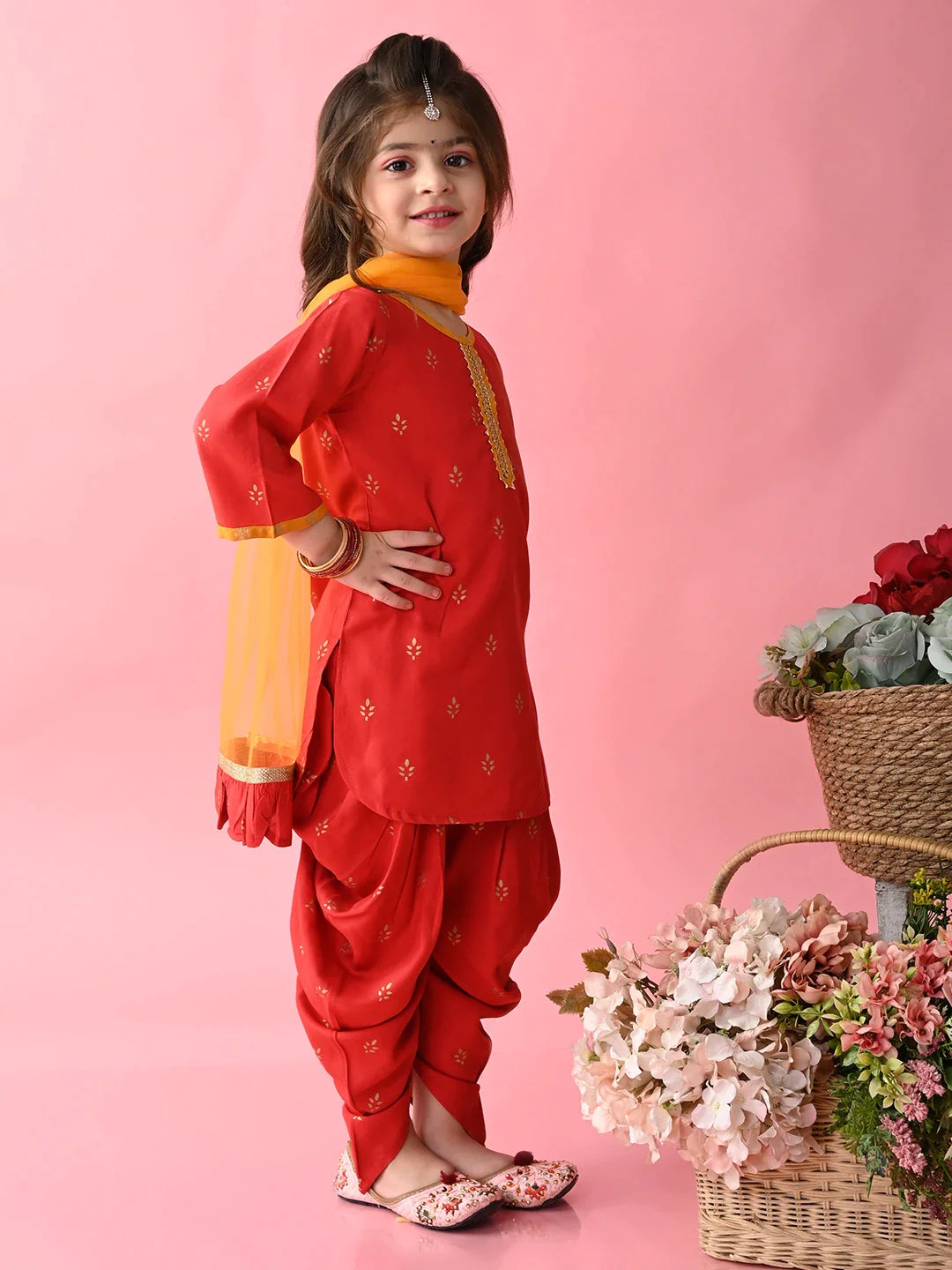 saka-designs-girls-red-printed-kurta-dhoti-with-dupatta