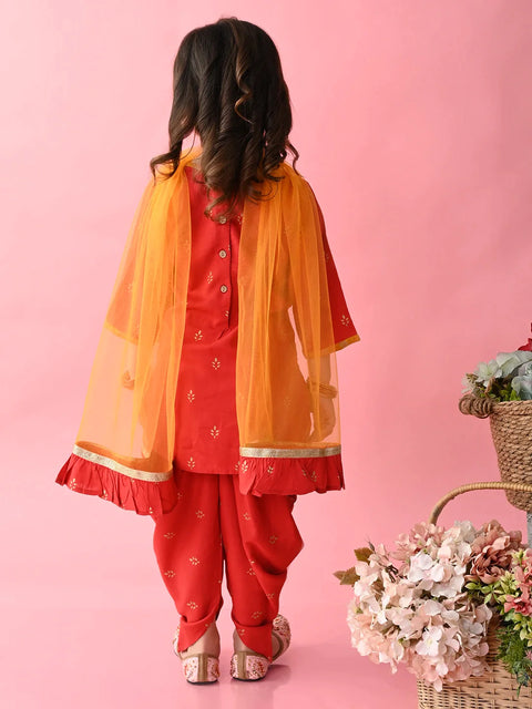 Saka Designs Girls Red Printed Kurta Dhoti With Dupatta
