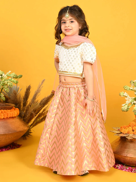 Saka Designs Girls Jacquard Lehenga Choli With Dupatta - Peach & Ivory