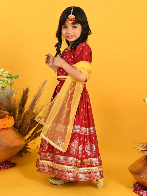 Saka Designs Girls Gold Printed Lehenga Choli With Dupatta - Maroon