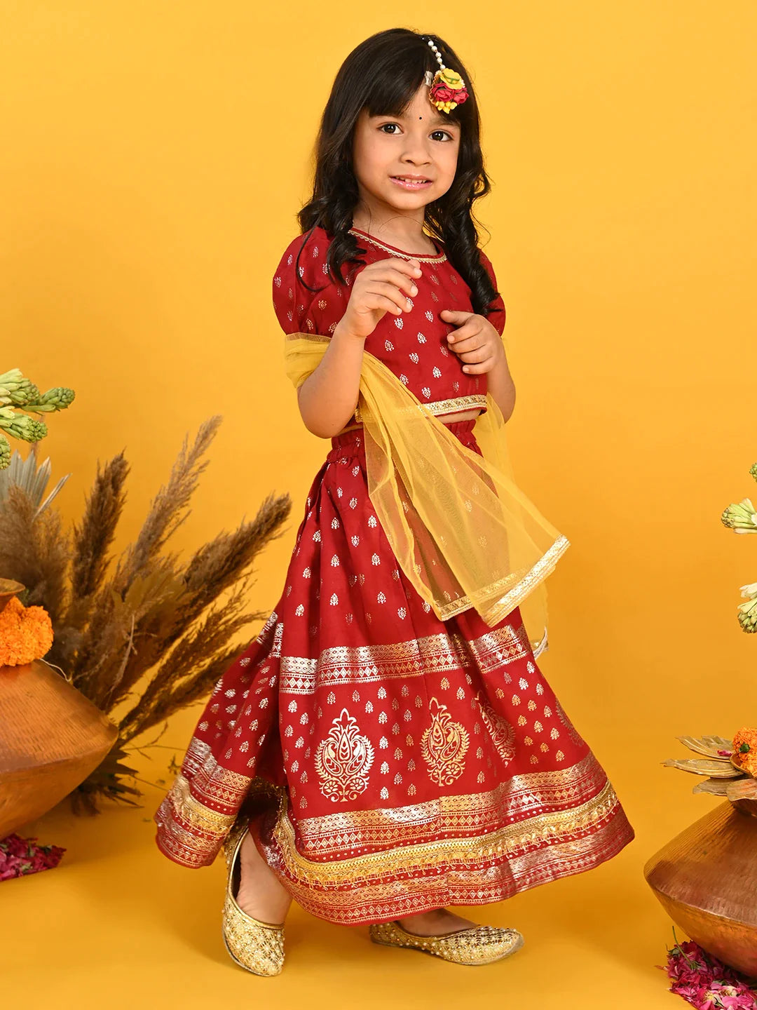 saka-designs-girls-gold-printed-lehenga-choli-with-dupatta-maroon