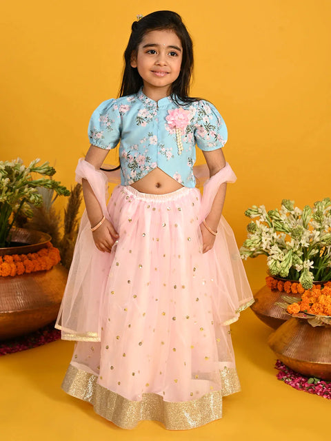 Saka Designs Girls Floral Printed Lehenga Choli With Dupatta - Blue & Pink