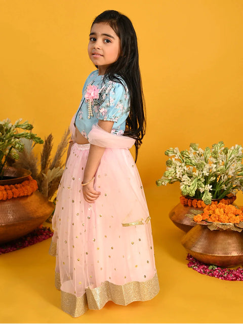 Saka Designs Girls Floral Printed Lehenga Choli With Dupatta - Blue & Pink