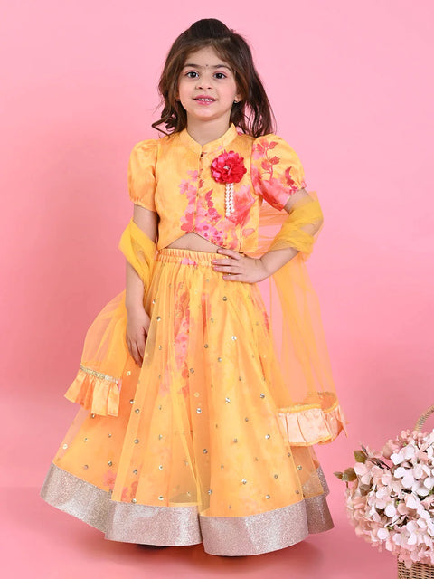 Saka Designs Floral Printed Lehenga Choli With Dupatta - Yellow