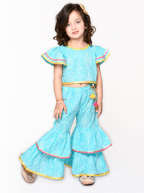 Saka Designs Blue Sharara Top With Multicolour Lace Detailing