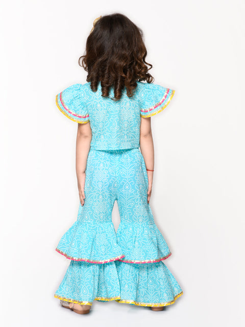 Saka Designs Blue Sharara Top With Multicolour Lace Detailing